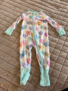 Little Sleepies Valentine’s Cream Zippy with Pastel Heart Print and Mint Trim